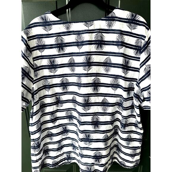 Lands' End Sz 1X 100% Linen Blue and White Nautical Palms Short Sleeve Top - Picture 2 of 6